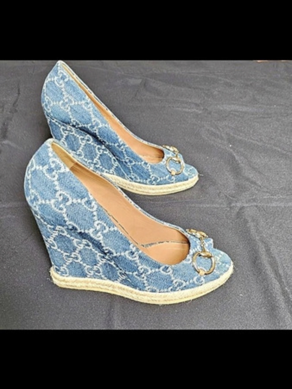 Vintage Gucci GG Denim Horsebit Espadrille Wedge Blue Pattern Wedge Heels